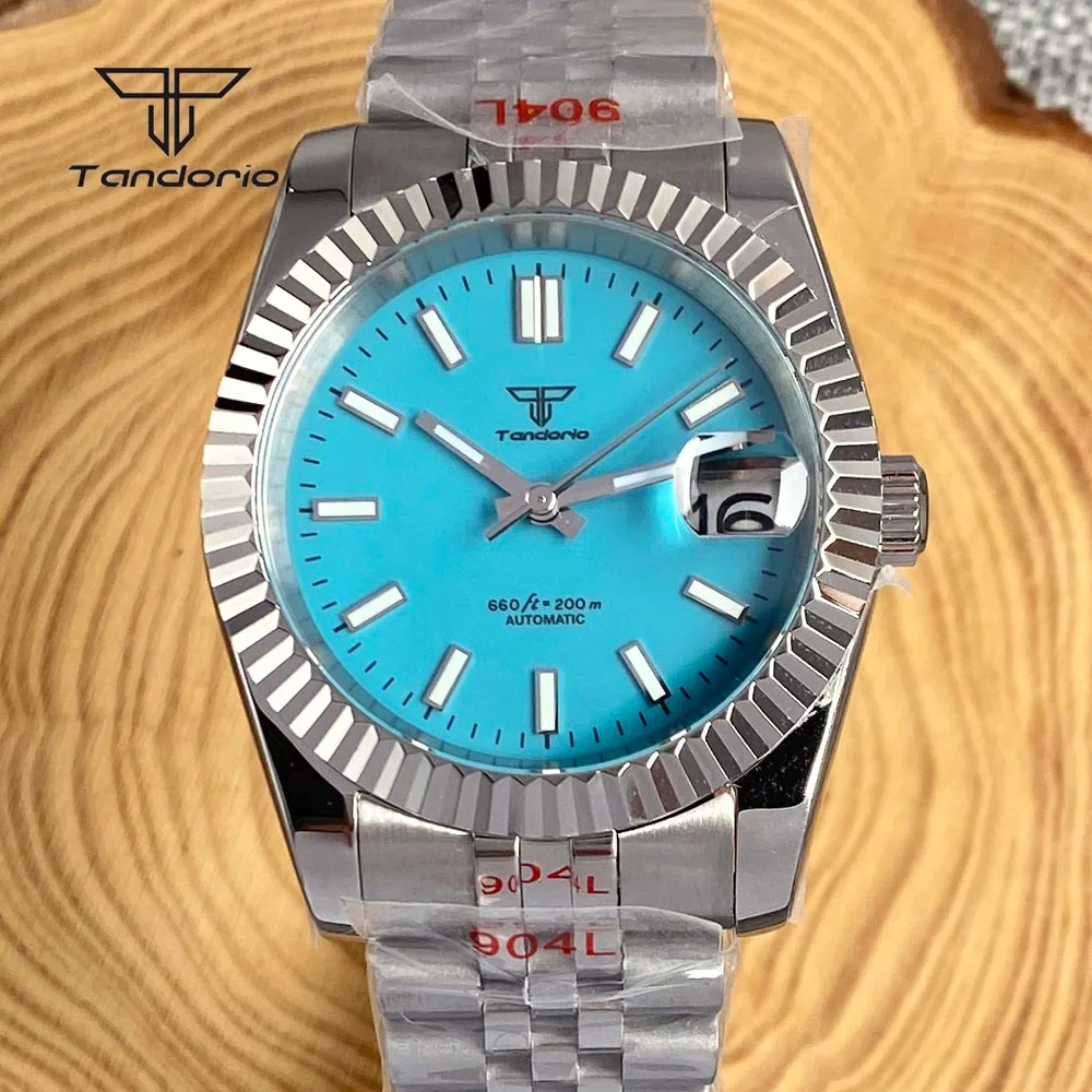 Tandorio NH35A 39mm/36mm Relógio Automático Masculino de Aço Inoxidável 316L Data Safira Relógios Mecânicos Sunburst Moldura Canelada Lume
