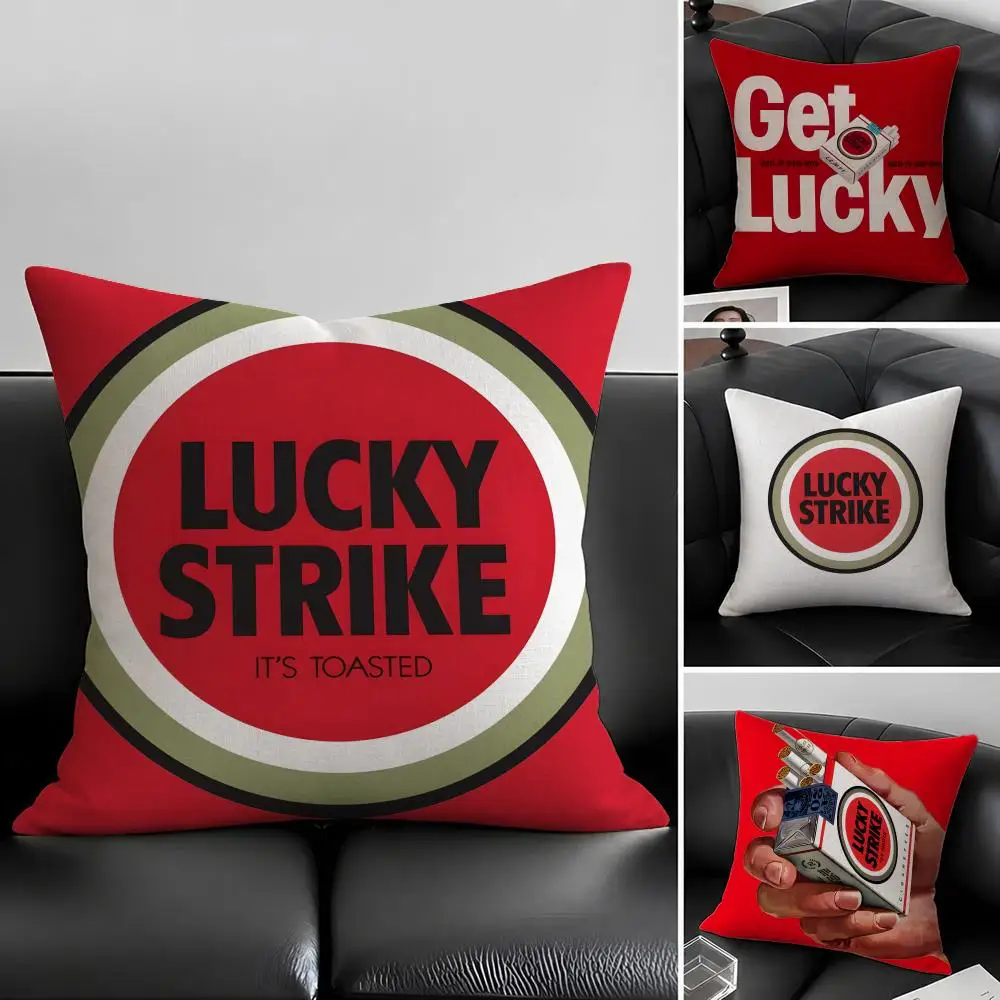 Tobacco Brand L-Lucky Cigarette Cushion Cover Natural Linen Pillowcase Set, All-in-One Decor for Sofa, Bedroom & Chair