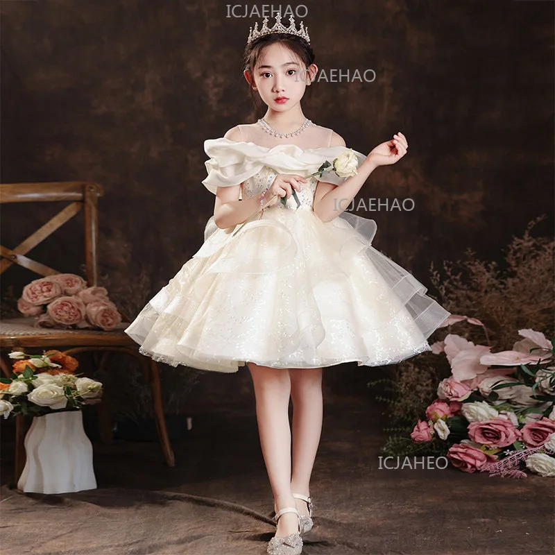 Girls Dress Little Girl Birthday Princess Dress Stylish Host Piano Performance Costume Summer Flower Girl Dress Wedding Kids