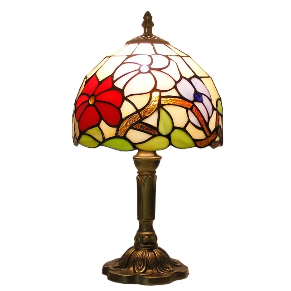 8inch American Tiffany Stained Glass 3 Flowers Lampshade Table Lamp Living Room Bedroom Night Light Villa Hotel Desk Lamp