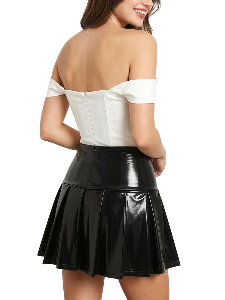Ladies' Shiny Elastic Faux Leather Pleated Mini Skirts For Parties and Bars, Women Sexy New Glossy PU Leather Short Skirt