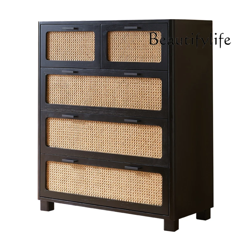 

Nordic ash wood retro rattan storage cabinet wabi sandy wind simple drawer cabinet