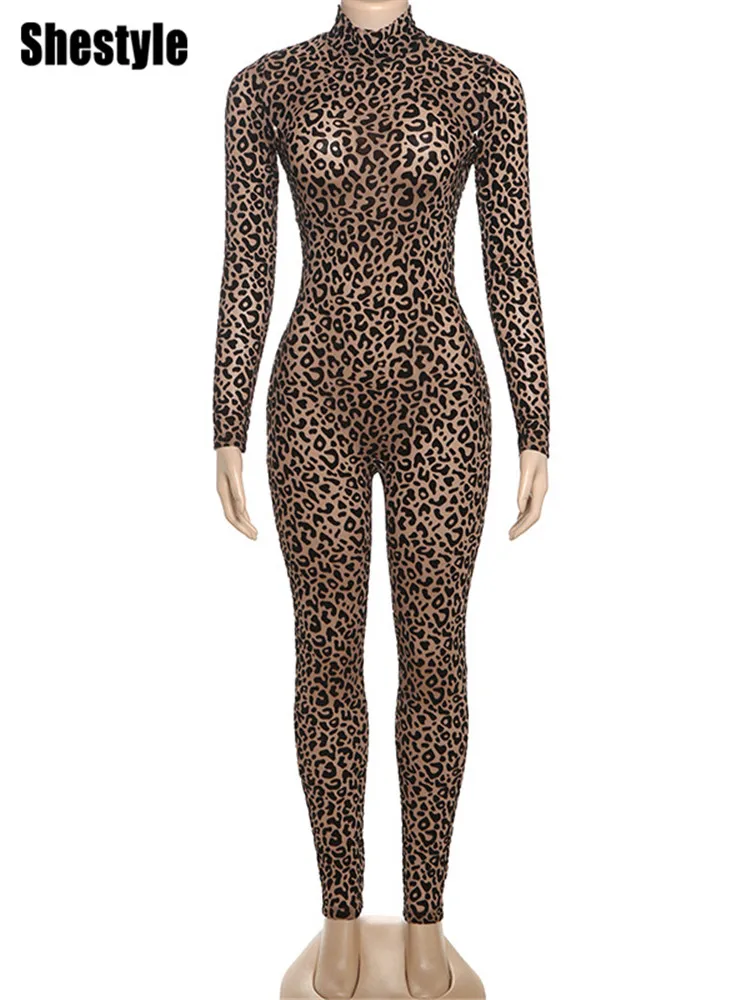 Shestyle المخملية ليوبارد مثير حللا النساء الياقة المدورة عارية Bodycon شبكة شفافة سستة يطير سليم اللياقة البدنية Playsuit الملابس