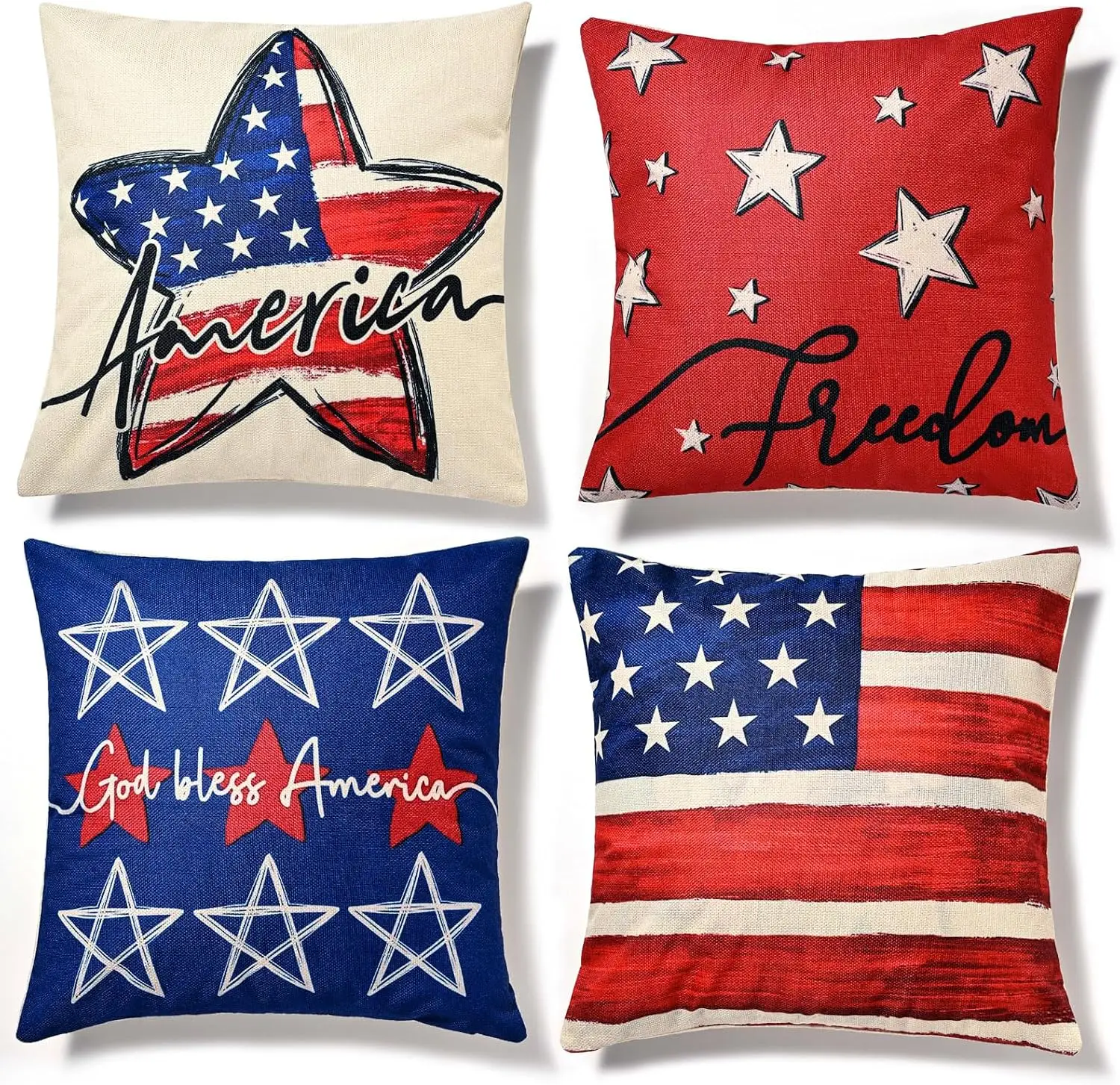 4PCS American Patriotic Throw Pillow Shams Set USA Flag Stars and Stripes God Bless America Home Decor Cushions Pillows