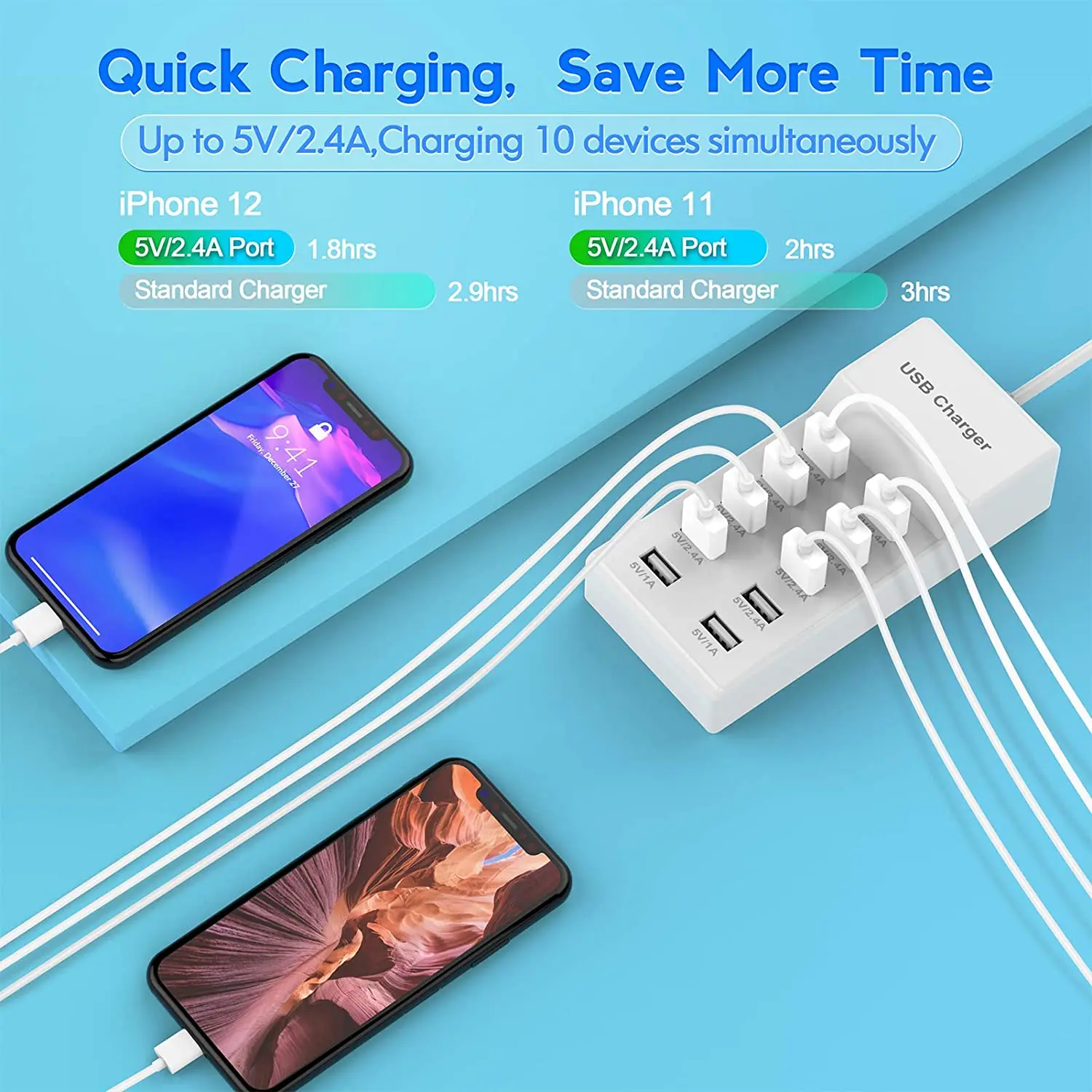 10-Port USB Charger Desktop USB Rapid Charger,Smart USB Charger for Multiple Devices Smart Phone Tablet Laptop Computer