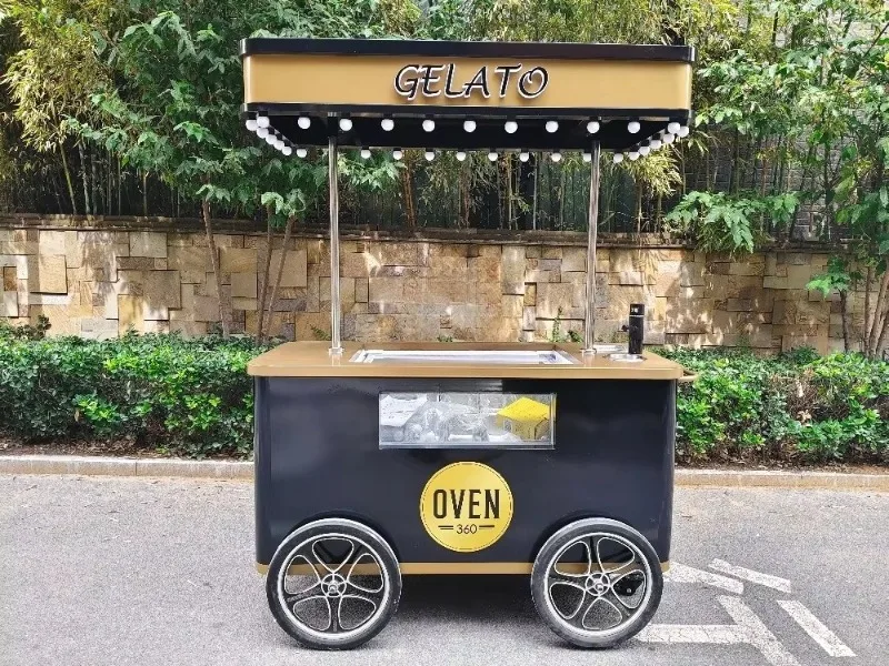 Outdoor Street Mobile Electric Italian Gelato Push Cart With Freezer For Vending Gelato Ice Cream Cart Bulk&Custom