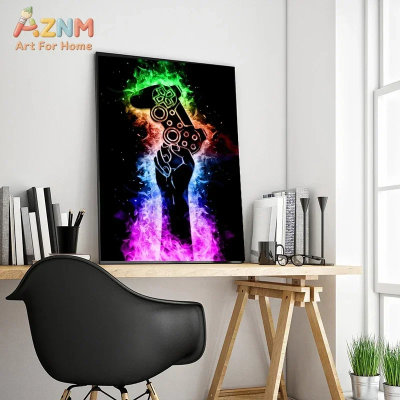 AZNM Neon Splash Gaming Canvas Print, Gamepad Headset Gamer Cat Art Unframed Canvas Painting, Boys Gaming Room Wall Art Decor
