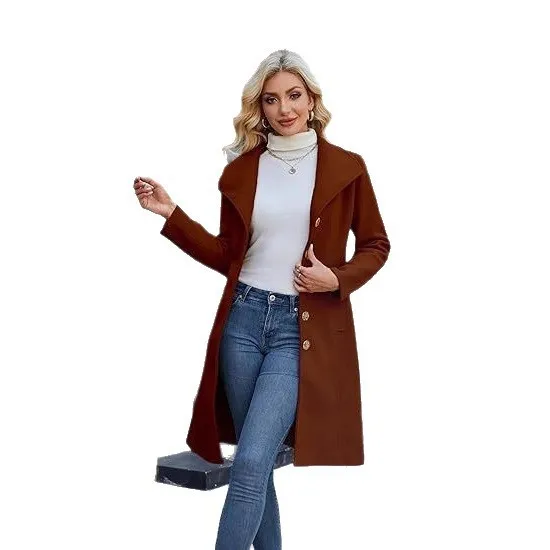 Button Front Stand Collar Coat Regular Fit Casual with Long Sleeve Extended Length British Style Thick Women Autumn Coat