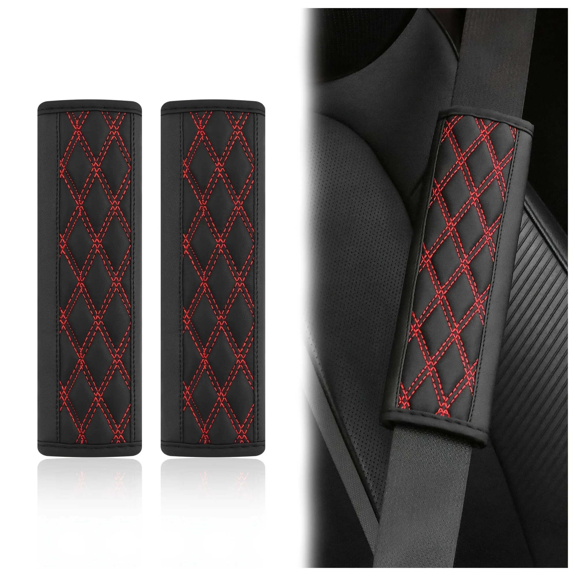 2PCS Quilted Car Seat Belt Covers, PU Leather, Reduce Shoulder Fatigue, Interior Accessories