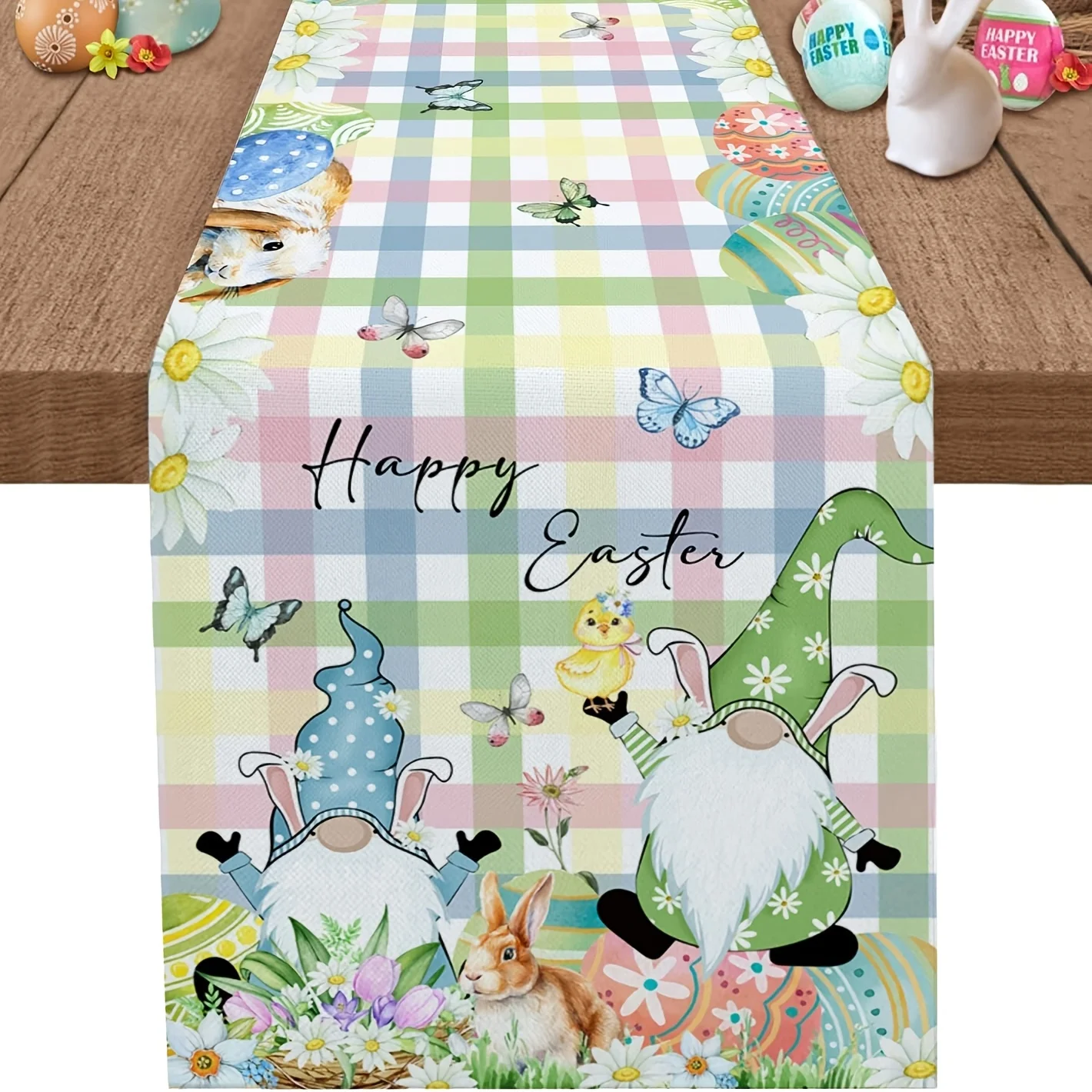 Easter Bunny Egg Gnome Floral Plaid Linen Table Runner Holiday Party Decor Spring Tulip Flower Table Runners Dresser Scarf Decor