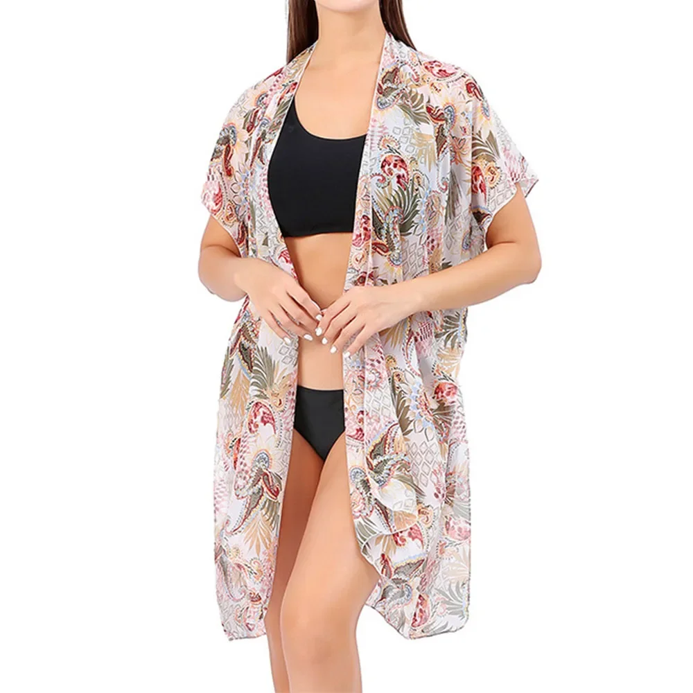 Women's Tops Boho Loose Chiffon Coverups Beach Swim Bikini Kimono Cardigan Bathing Suit Cover Ups Blouse Swimwear Resort Wear