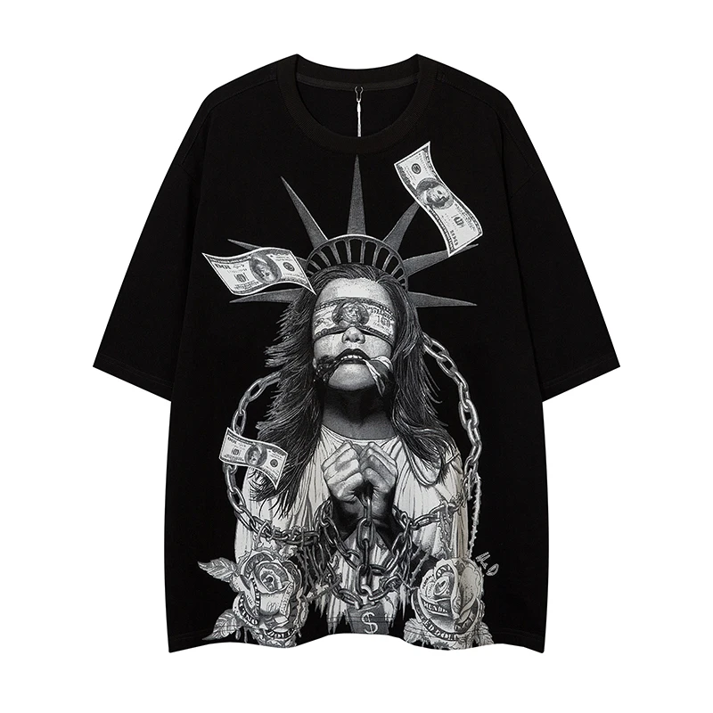 

Motorcycle Yabi Style Dark Portrait Print Men's Short-Sleeved Summer Retro Hip-Hop Personalized Pure Cotton