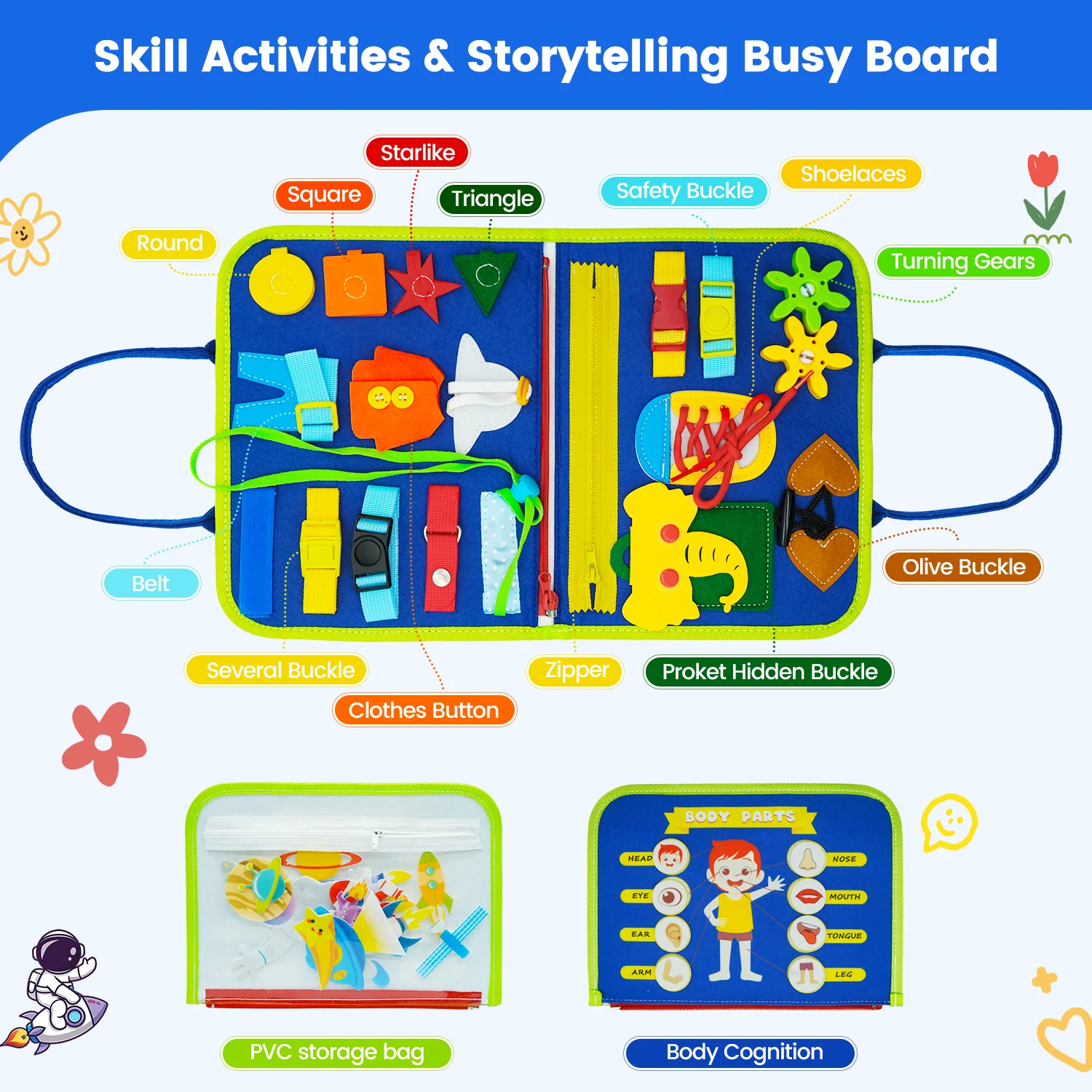 Toddler Busy Board Montessori Storytelling Sensory Early Educational Toy per abilità di base, medicazione, conteggio, parole di ortografia