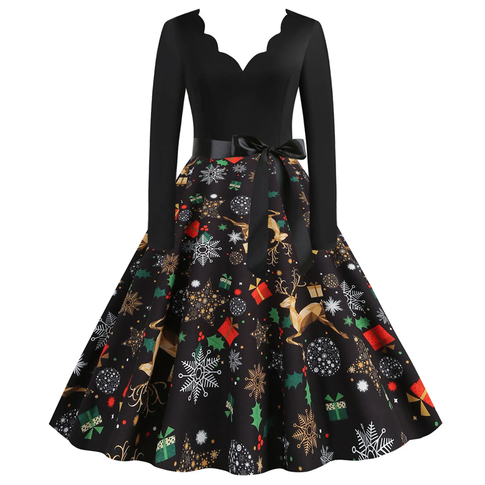 Vintage Long Sleeve V Neck Christmas Printing Ladies Dresses Elegant Temperament Medium Long Big Swing Skirts For Women