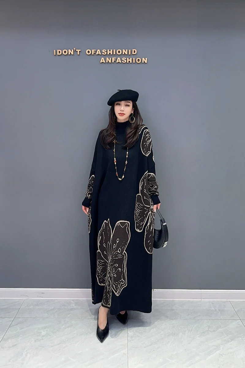 2024 Autumn New Elegant Contrast Color Knitting Loose Long Dress Women Fashion Long Sleeve Dress Wholesale J549