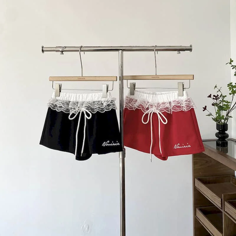 A라인 반바지 여성 캐주얼 레이스 패치워크 핫팬츠 아메리칸 스타일 스웨트팬츠 스포티 하이웨이스트 자수 여성 의류