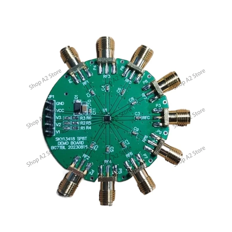 SP8T, switch, 0.1G, 10K-6G, test board, single pole eight throw, radio frequency microwave