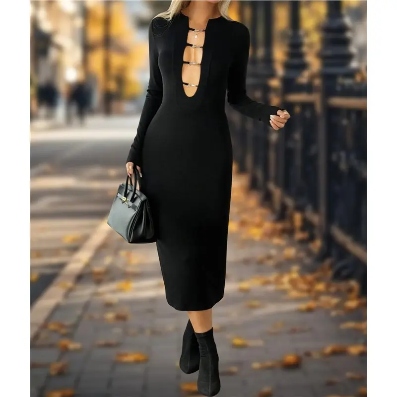 เดรสไหมพรมแขนยาวทรงเข้ารูป คอวีเว้า  ความยาวปานกลาง เหมาะสำหรับงานแต่งงาน  งานเลี้ยง  หรือใส่ลำลองในฤดูใบไม้ร่วง สำหรับผู้หญิง