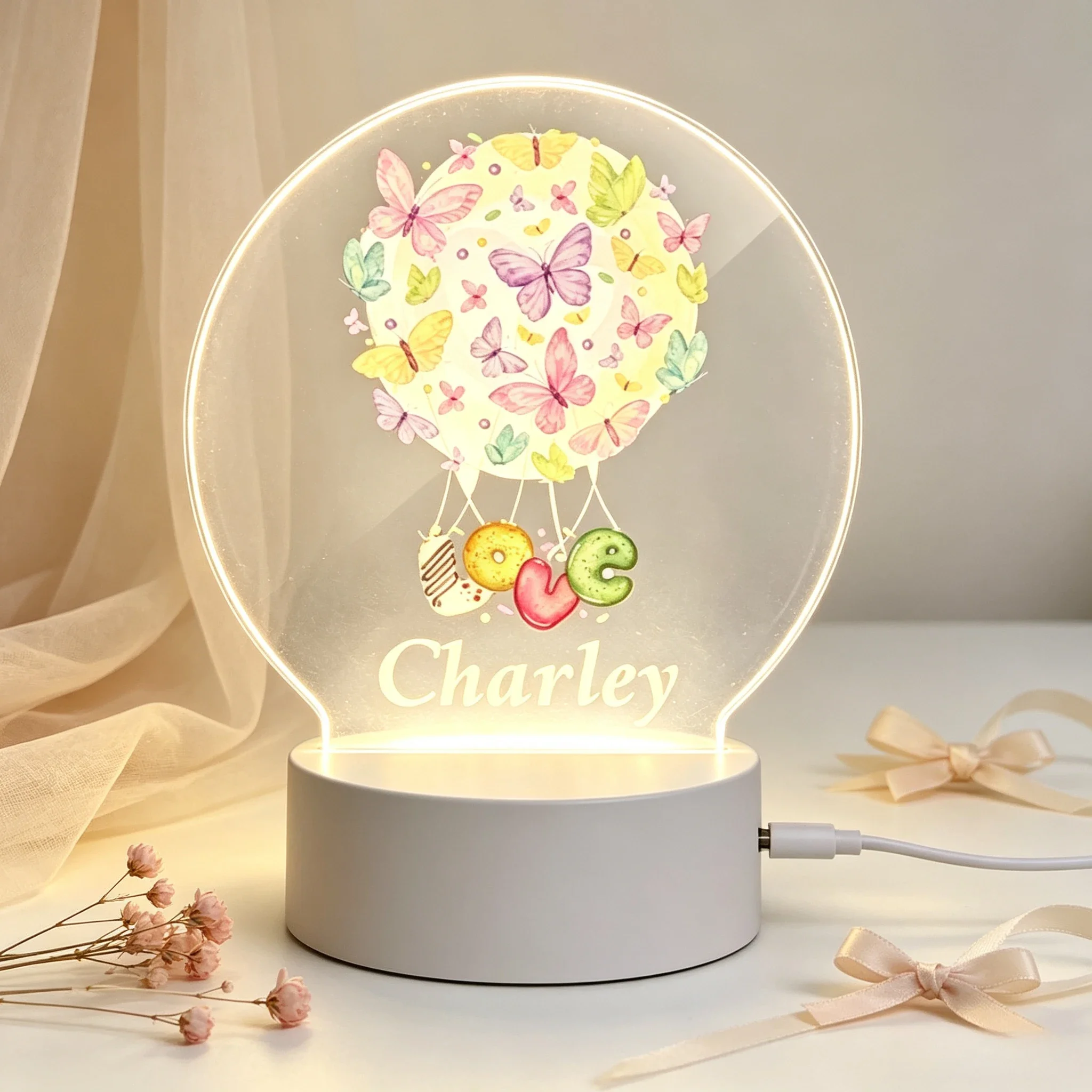 Round Acrylic Custom Name Night Light, Cute Pastel Butterfly Balloon LOVE Donut Design USB Powered Bedside Lamp Decor