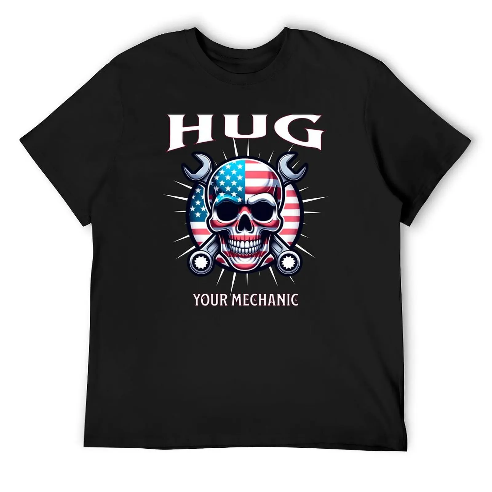 

Hug Your Mechanic USA American Flag Skull Face Wrench Garage America Tools Racing Cars Auto Mechanic Merica T-Shirt