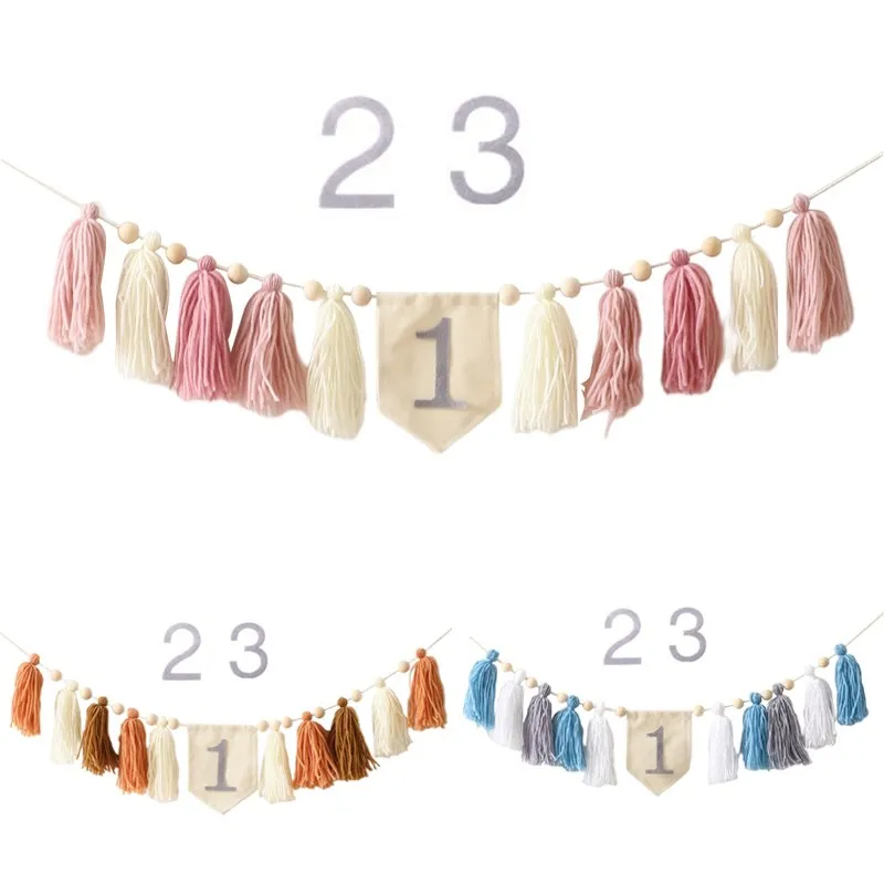 Let\'s Make Baby Happy Birthday Party 1-3 Years Old Tassel Banner Newborn Milestone Fotografia Props For Kids Party Decoration