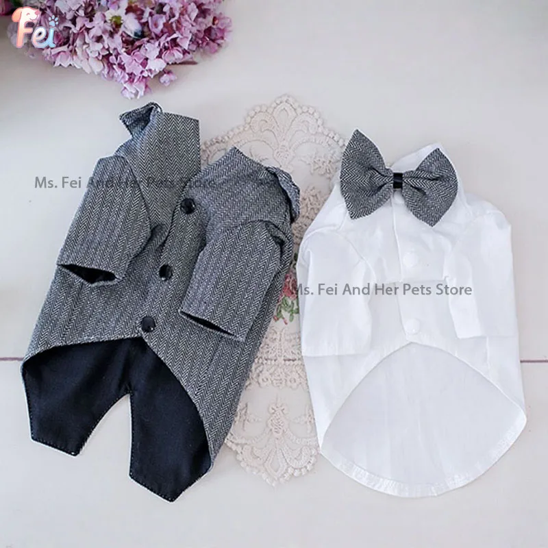 Classic Grey Wool Two‑Piece Pet Tuxedo Set Handmade Dog Suit Jacket With Tailored Skirt Couple Outfit for Small Medium Dogs Cats