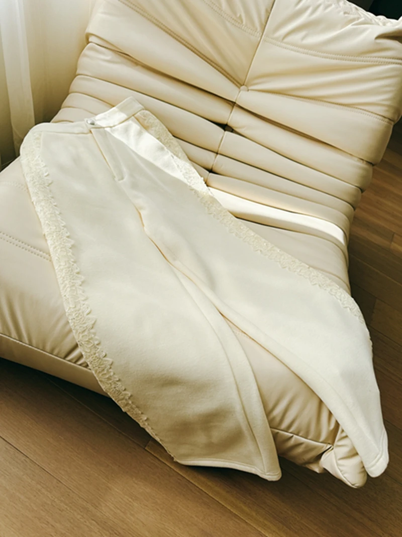 

Retro Chinese Sle Lace Trim Knitted Casual Thiened Straight Leg Pants High Waist Wide Leg Soft Cotton Antimicrobial