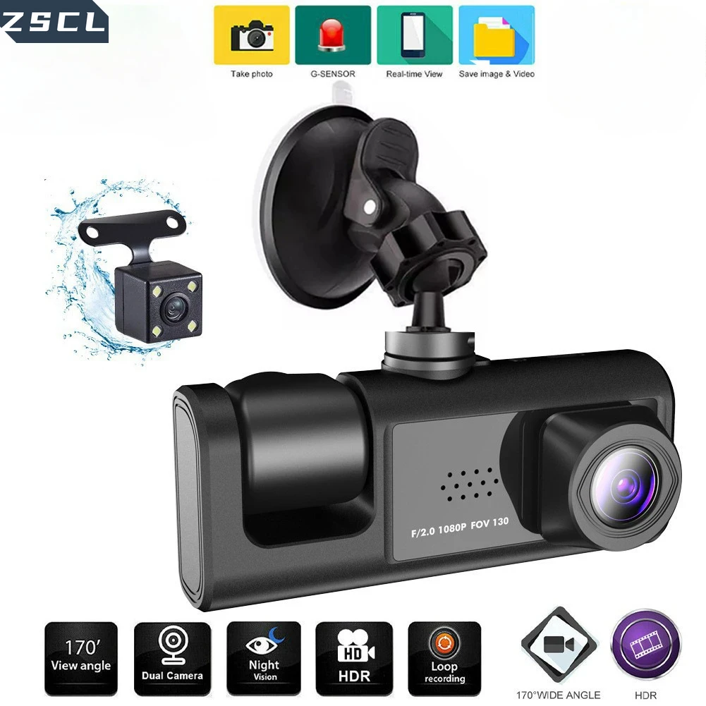 3 Channel Car DVR HD 1080P 3-Lens Inside Vehicle Dash CamThree Way Camera DVRs Recorder Video Registrator Dashcam Camcorder