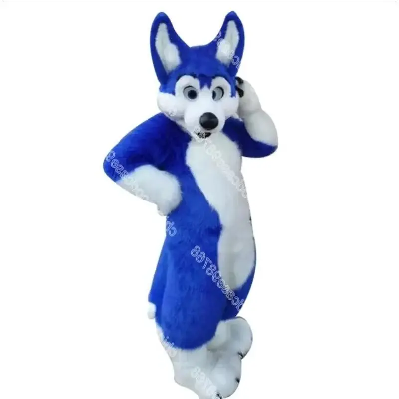 

Синий длинный меховой костюм талисмана собаки хаски, костюм мультяшного мехового костюма, праздничное платье на Хэллоуин, одежда для прогулок с животными
