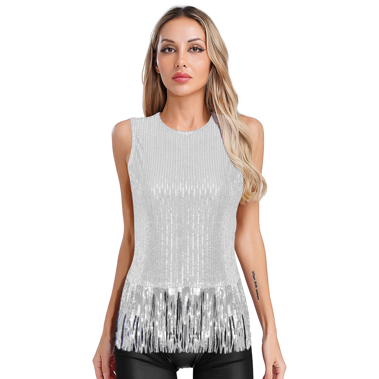 

Women's Fashion Sparkly Tassel T-shirt Top Sleeveless Fringe Shimmery Raves Band Disco Party Dance Performance Vest Crop Top