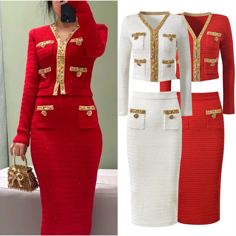 

Высококачественная версия, европейский Sle SE, домашний вязаный открытый кардиган цвета слоновой кости, украшенный золотыми бриллиантами, верхняя одежда, юбка f-длины