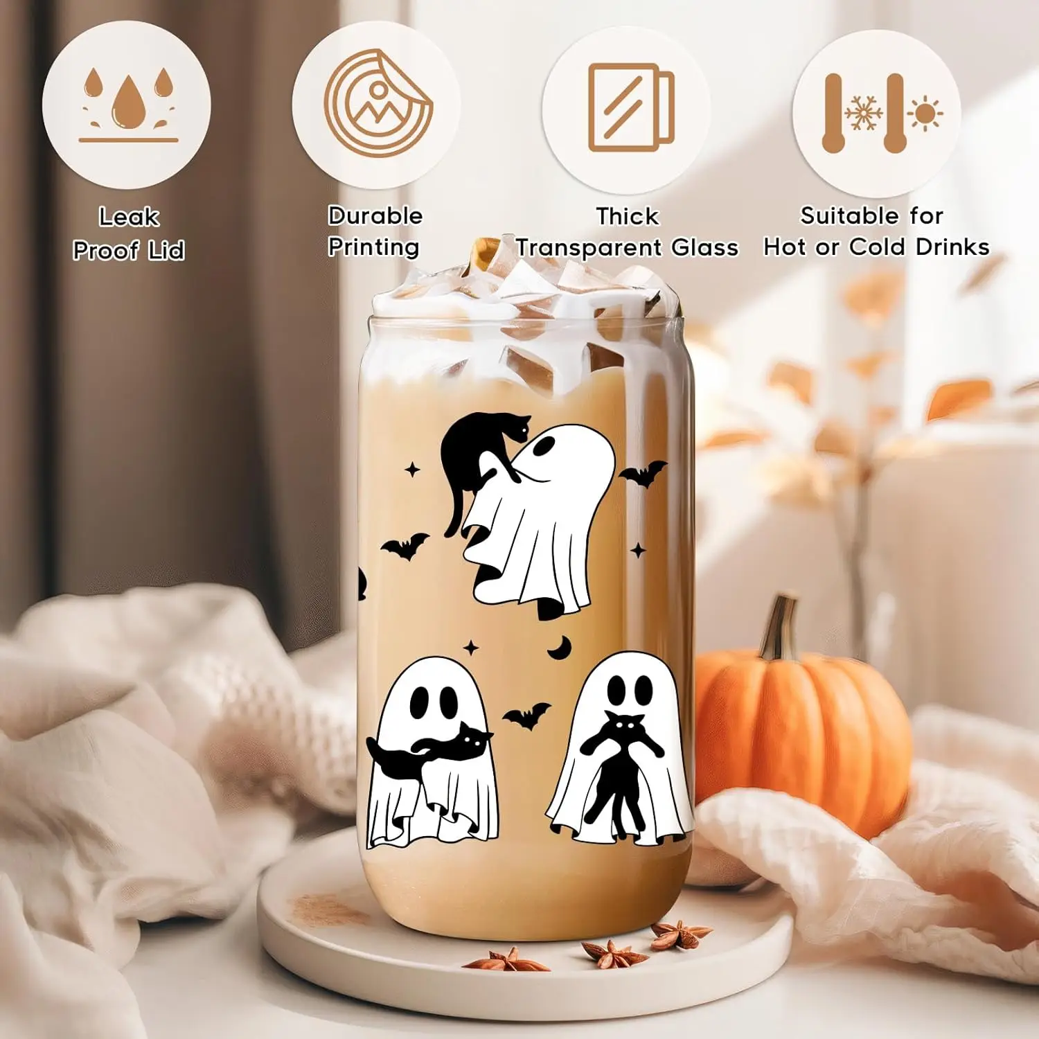 كوب قهوة مثلج على شكل قطة سوداء للهالوين، كوب زجاجي مخيف سعة 16 أونصة مع غطاء من القش، حشو سلة بو، عيد ميلاد قوطي لطيف أسود