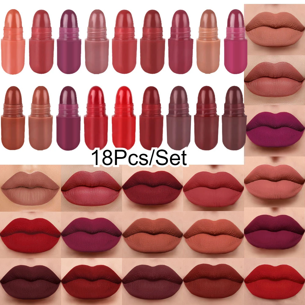 18 Colors Capsule Lipstick Set Natural and Long-lasting Waterproof Non-stick Cup Mini Matte Lipstick