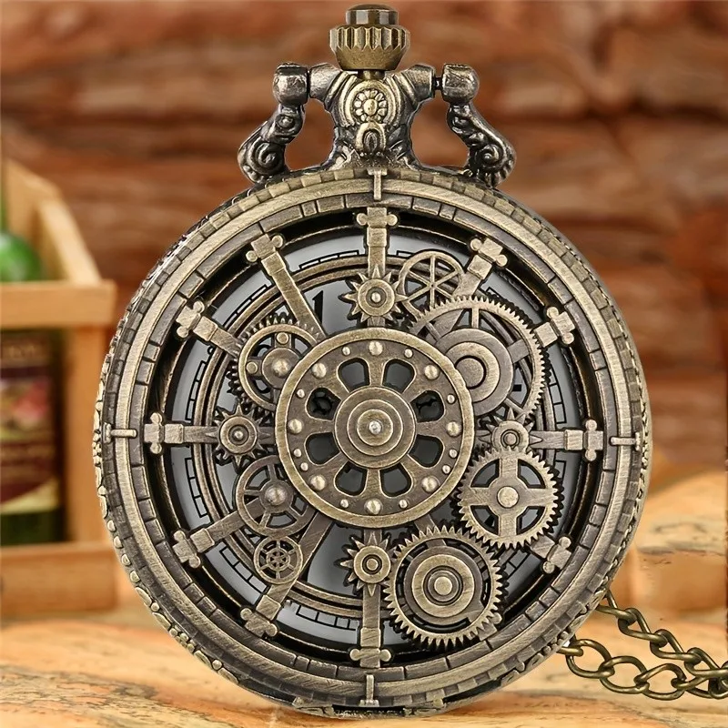 Vintage Hollow Steampunk Gear Design Quartz Pocket Watch with Necklace Pendant, World-Time Feature, Pointer Display Pocket Watch