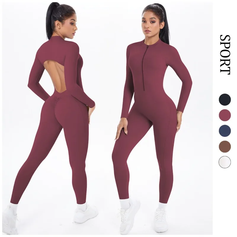 

Women's Long Yoga Bodysuit with Half-Zip Sexy Back & Butt Lift for Fitness Running Outdoor Sportswear