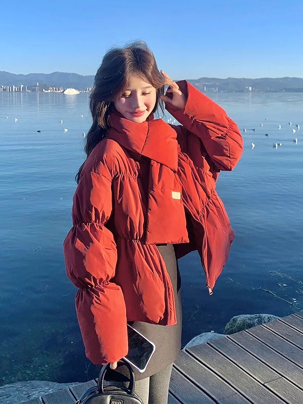 

New Year Red Thickened Short down Jacket Women's Warm Cozy Neck Warmer Winter Fashion Casual Style Eco-friendly White Duck down