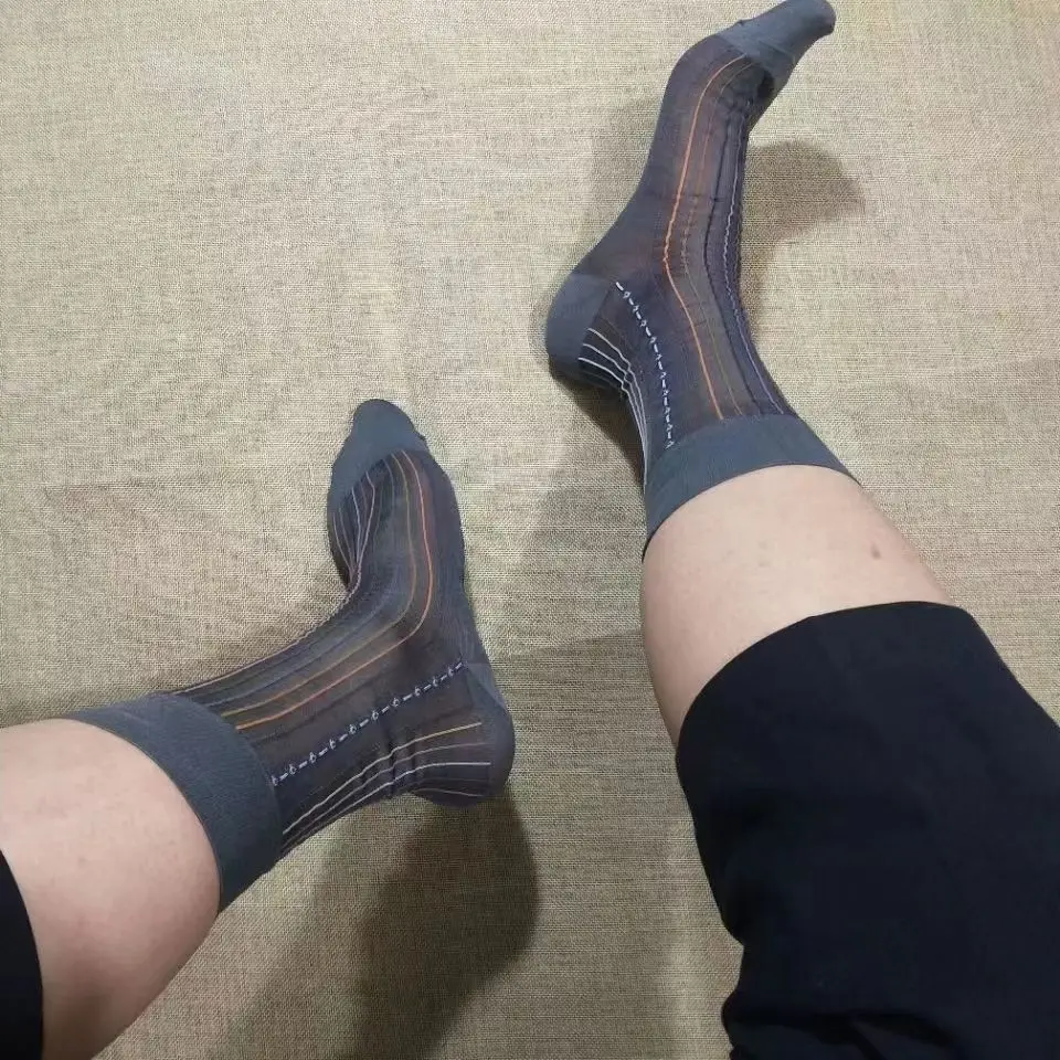 

5 Pairs Brand Men's Polyamide Silk Socks Summer Breathable Thin Mid-Tube Colorful Stripes Sheer Socks Father's Gift High Quality