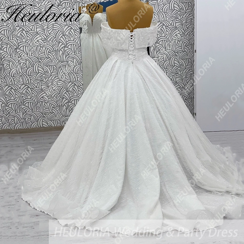 HEULORIA プリンセスウェディングドレス オフショルダー シャイニー スカート レースアップリケ プラスサイズ ホワイト 花嫁ドレス カスタマイズ