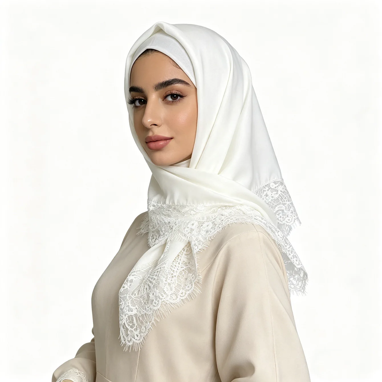 70x70cm Square Scarf Women Lace Trim Hijab Bow Tie Headscarf Elegant Silky Bandana Modest Muslim Head Wrap Daily Hair Scarves view 3