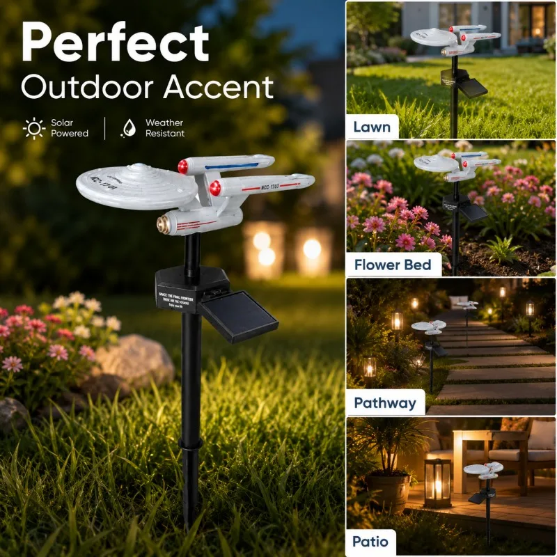 Star Trek USS Enterprise Solar Garden Stake Light Auto On Off Red LED Spaceship Yard Lamp Waterproof Outdoor Lawn Landscape