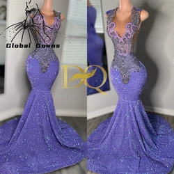 Purple O Neck Long Prom Dresses For Black Girls Beaded Crystal Birthday Dress Gowns Sequined Homecoming Robe De Bal