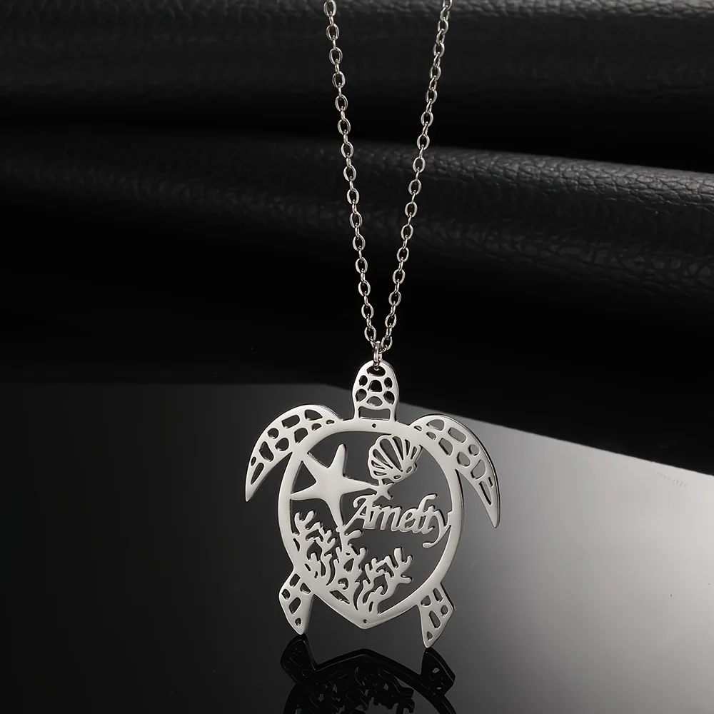 Fashion Custom Name Sea Turtle Pendant Necklace, Elegant Punk Personalized Self-Defined Letter Marine Life Choker, DIY Stainless