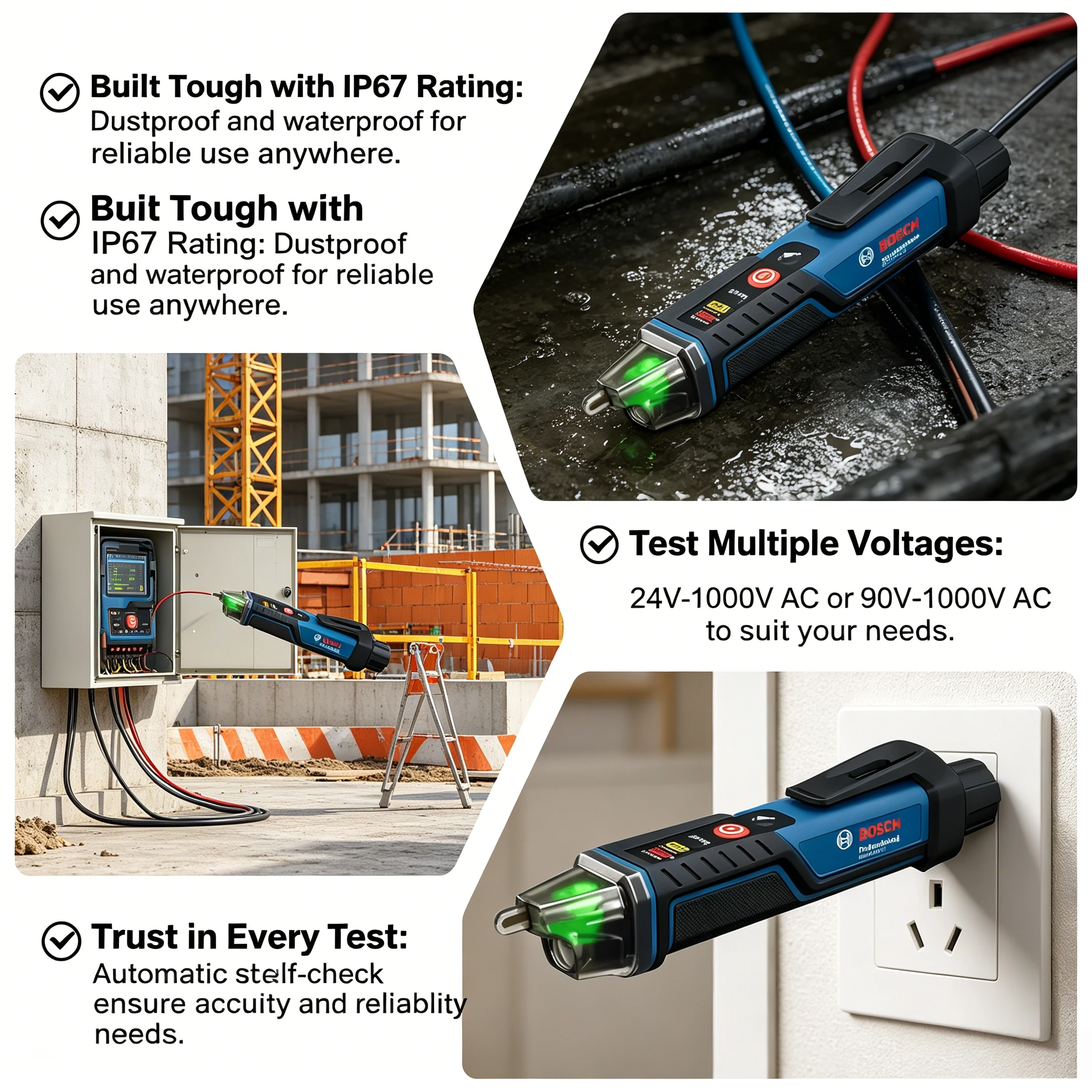 BOSCH GVD 1000-17 Professional Non-contact Voltage Tester Self-test IP67 Rating Dual Voltage for Electric Drill Working