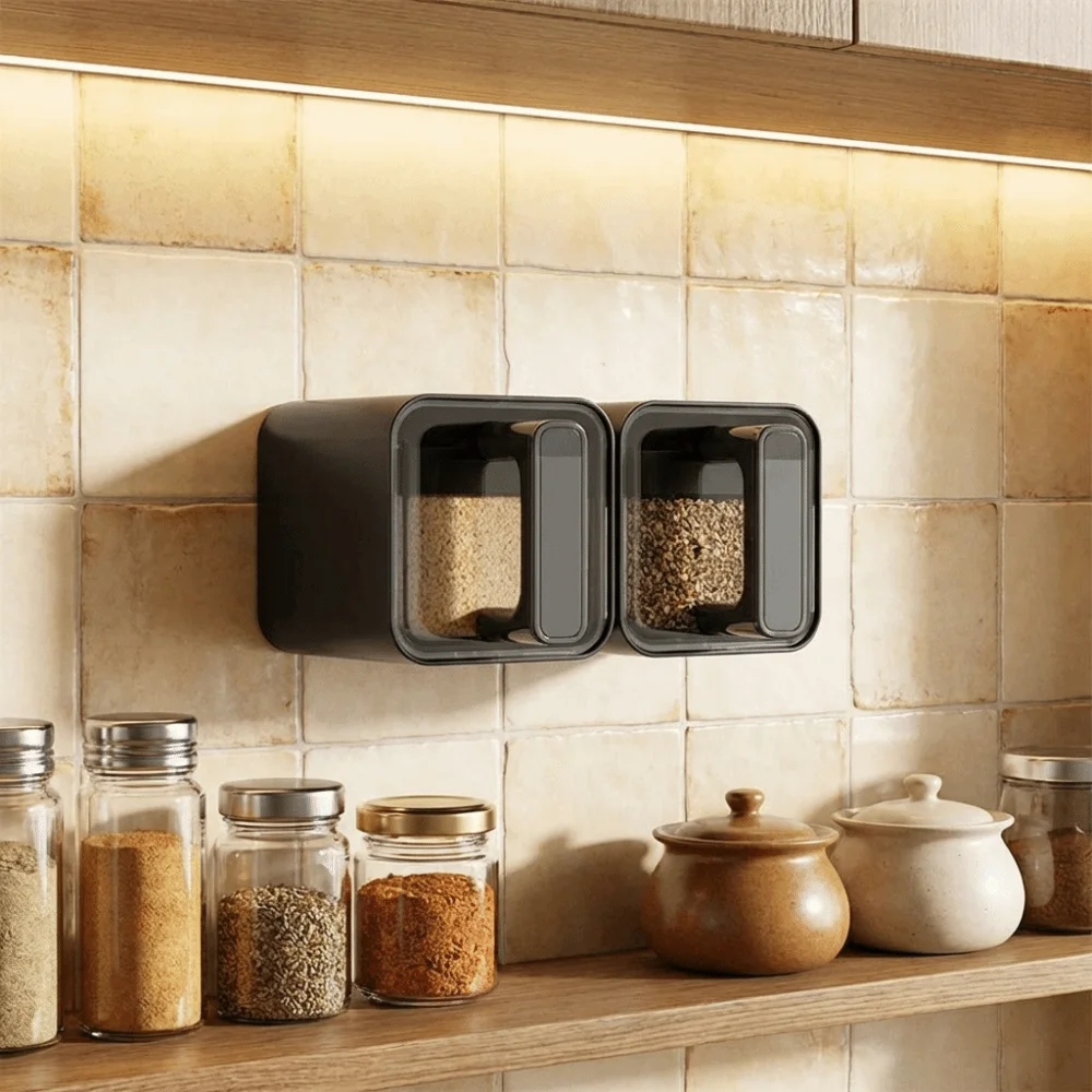 Easy Installation Wall-Mounted Spice Storage Rack No Punch Sealed Chili Jars with Spoon Plastic Seasoning Boxes Cooking