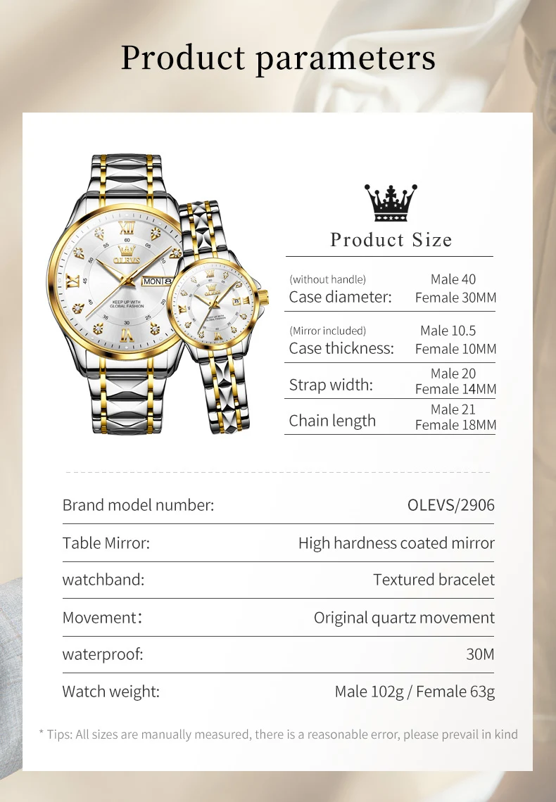 OLEVS ساعات الزوجين الاتجاه موضة الفولاذ المقاوم للصدأ العلامة التجارية الأعلى الأصلي كوارتز ساعة اليد مقياس مزدوج تاريخ الأسبوع مقاوم للماء 2906cp