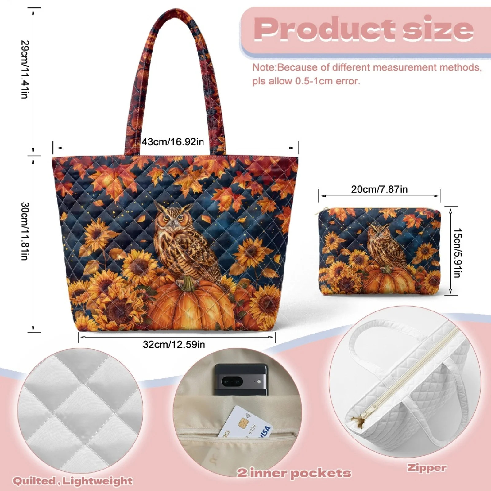 Coloranimal Fall Owl Pumpkin 2 Pcs Quilted Tote Handbag with Cosmetic Bag, Portable Casual Tote for Road Trips Daily Excursions