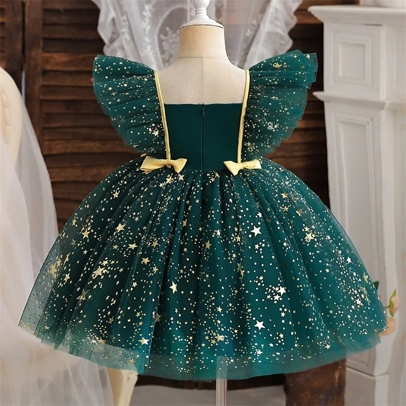 Baby Girls Green Party Christmas Dress Newborn 1 Year Birthday Baptism Princess Dress Ruffles Sleeve Wedding Pageant Gala Gown