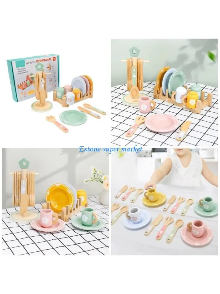 

090B Pretend Play Kitchen Accessories For Toddlers 3+ Includes Wooden Dishes Utensils Educational Toy For Girls Boys