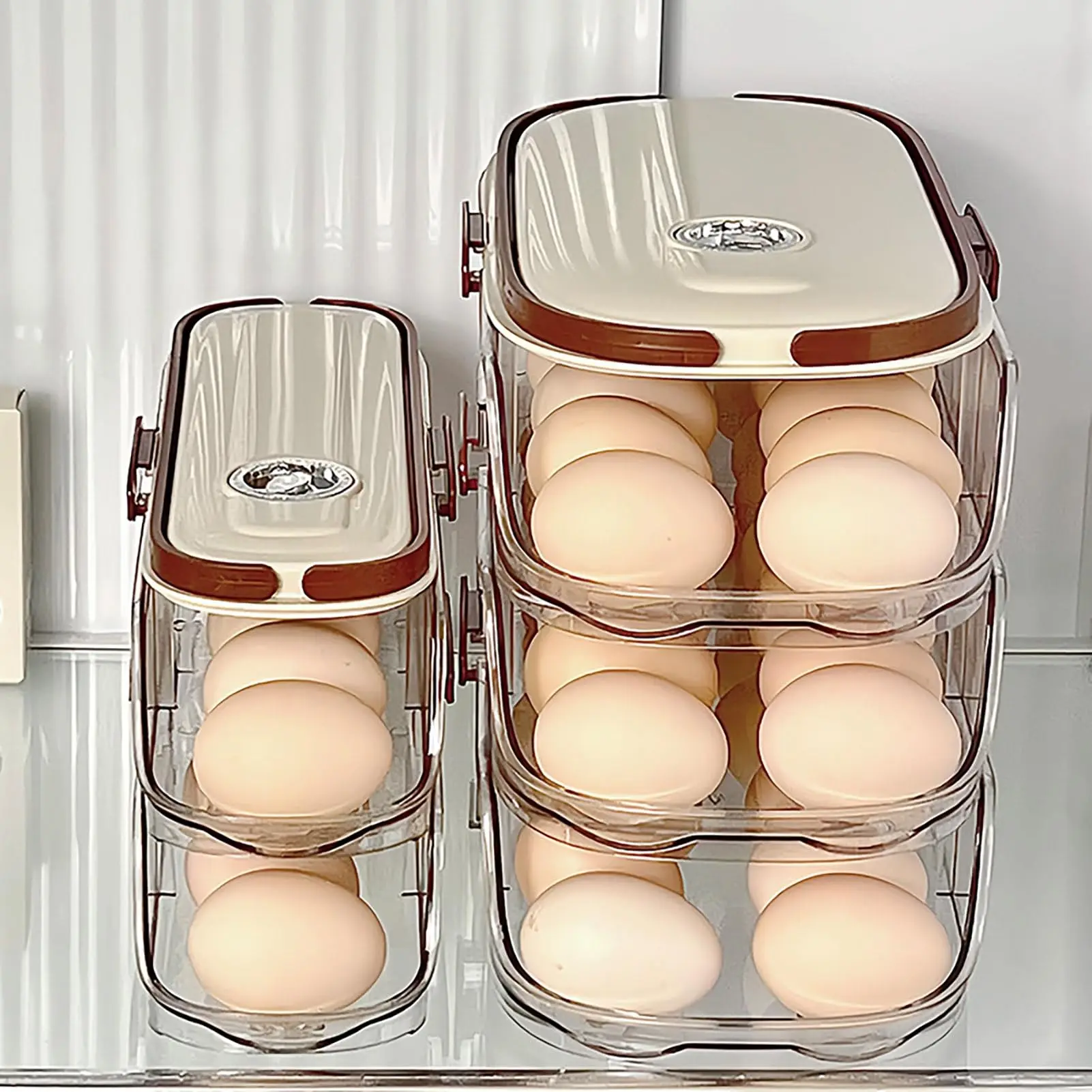 Egg Holder for Refrigerator Automatic Rolling, Storage Box Transparent Stackable Fridge Organizer with Lid For Kitchen