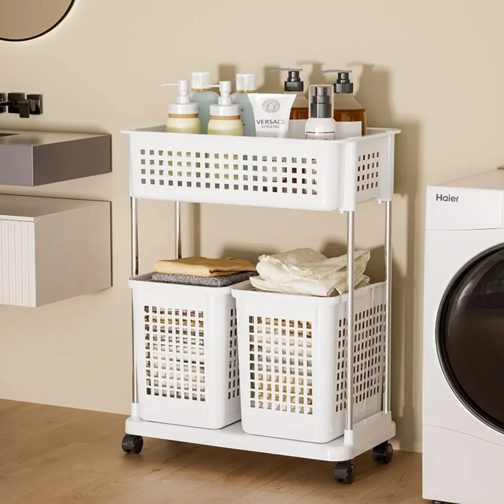 Laundry Storage Trolley Breathable Net Layered Bathroom Washing Shelf Household Multifunctional Dirty Laundry Handheld Basket